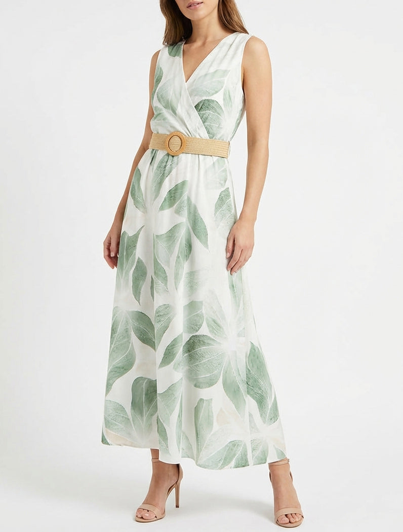 Robe imprimé feuilles à col cache-coeur - Kaki