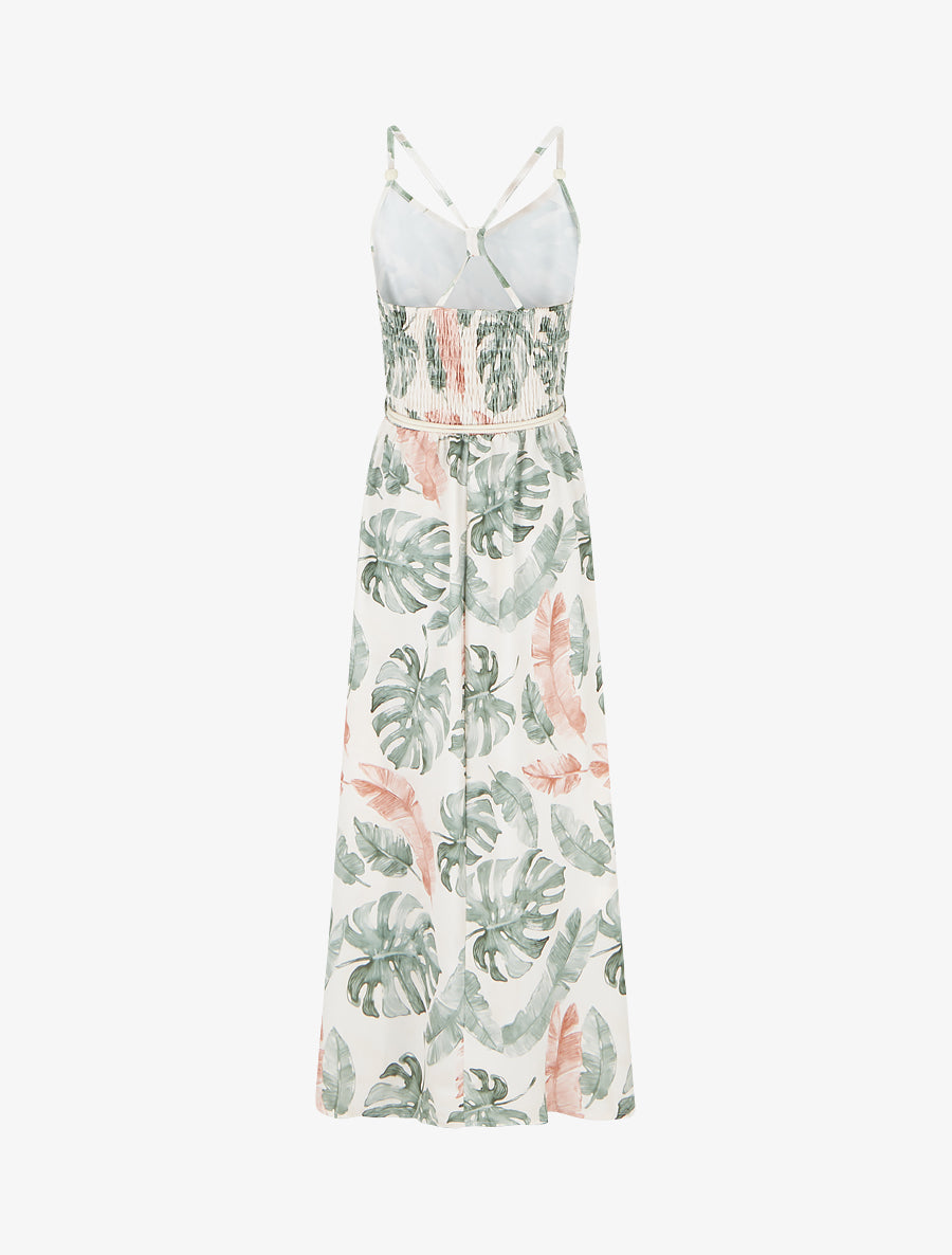 Robe longue imprimé feuillage à taille élastiquée - Kaki - 2