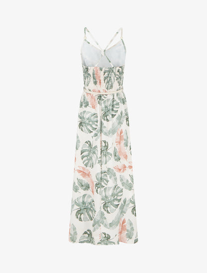 Robe longue imprimé feuillage à taille élastiquée - Kaki - 2
