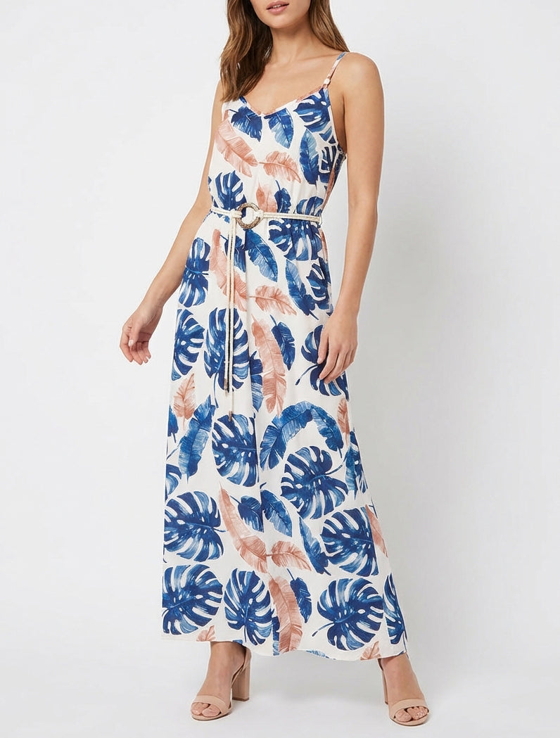 Robe longue imprimé feuillage à taille élastiquée - Marine