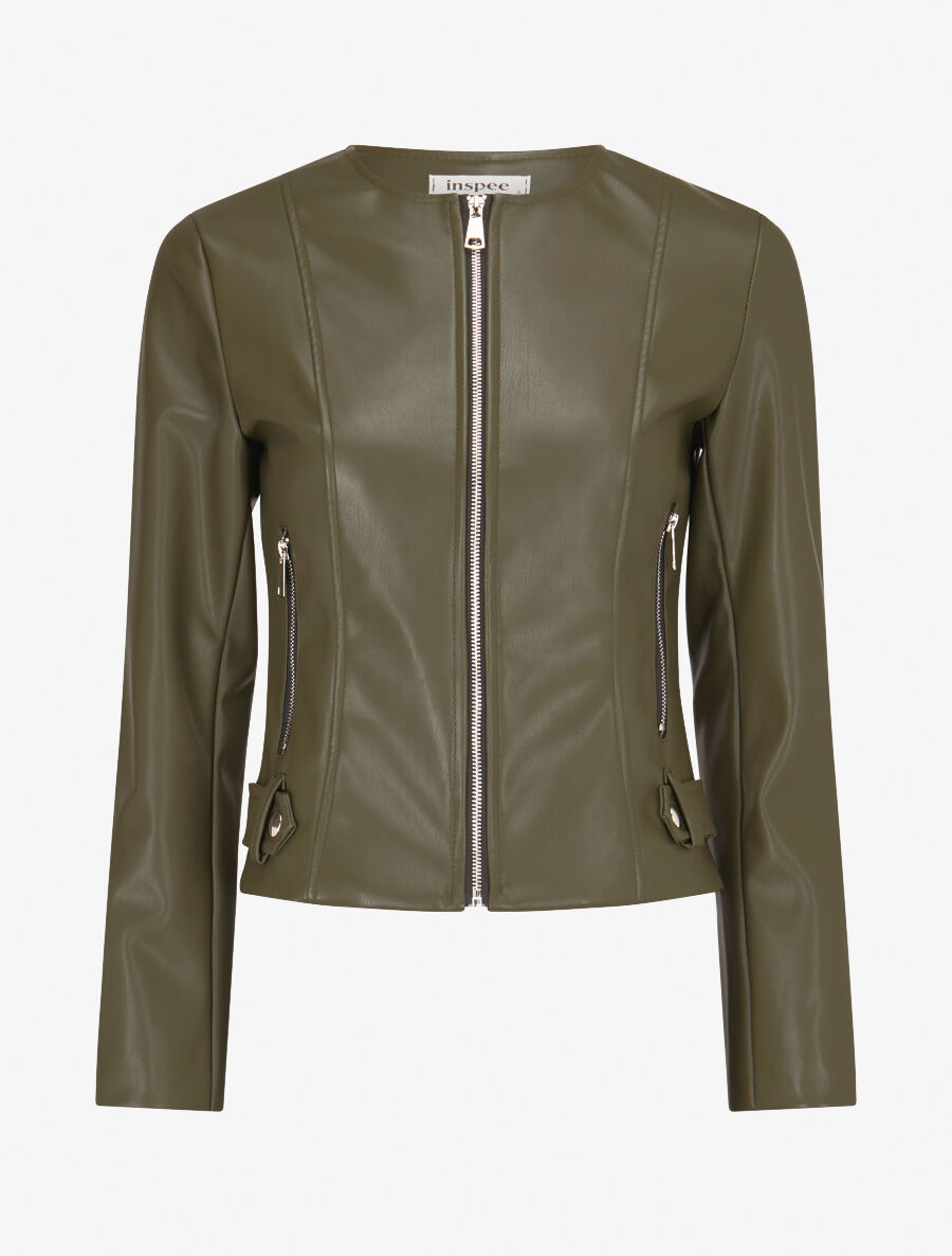 Veste moulante en simili - Kaki - 1