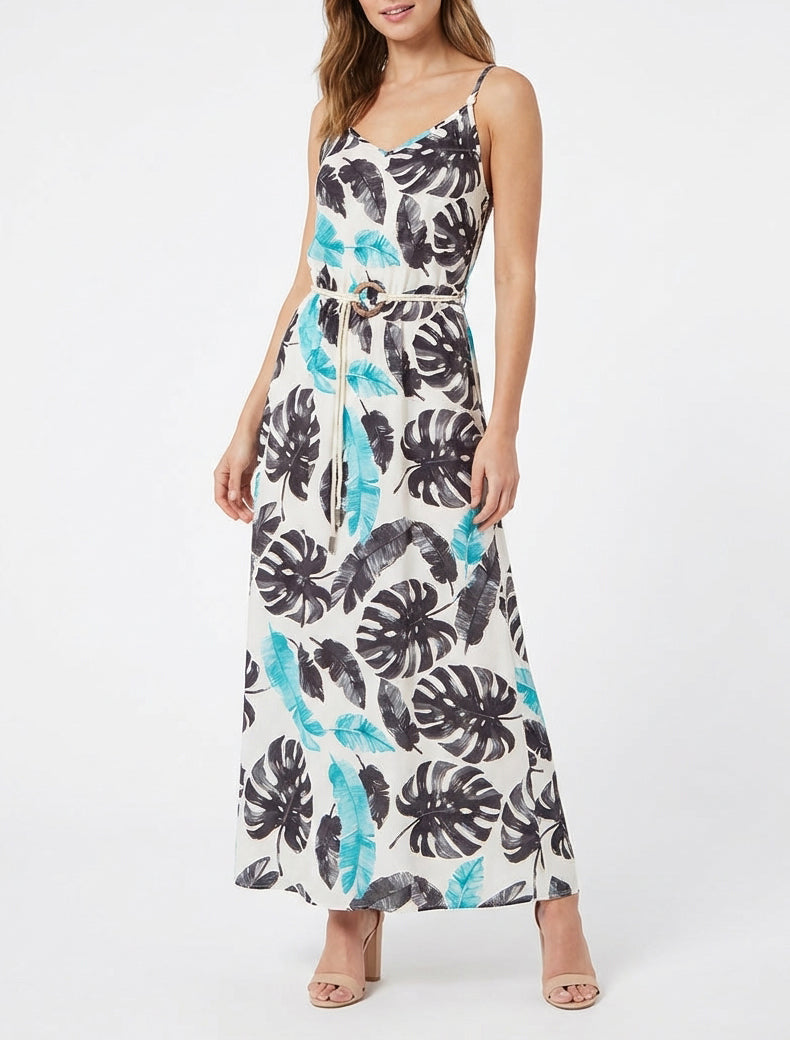 Robe longue imprimé feuillage à taille élastiquée - Noir
