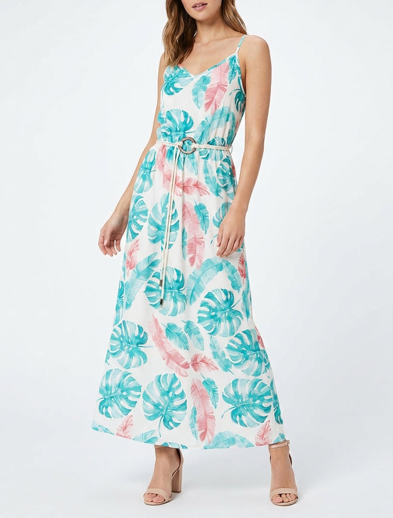 Robe longue imprimé feuillage à taille élastiquée - Turquoise