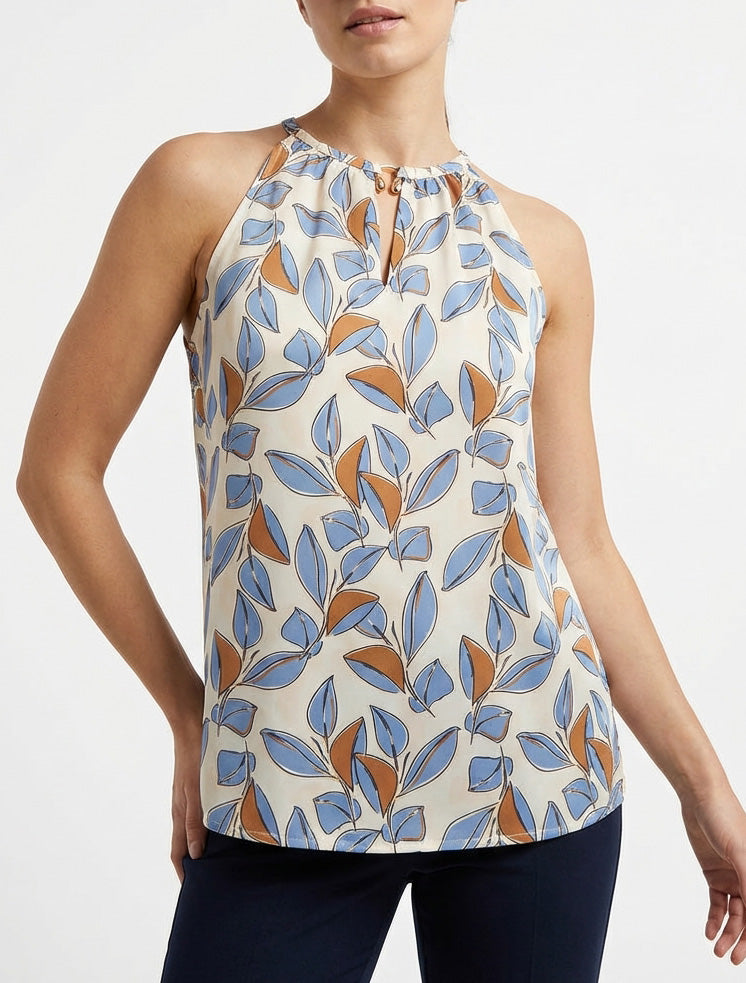 Top satiné sans manches imprimé feuilles - Bleu ciel