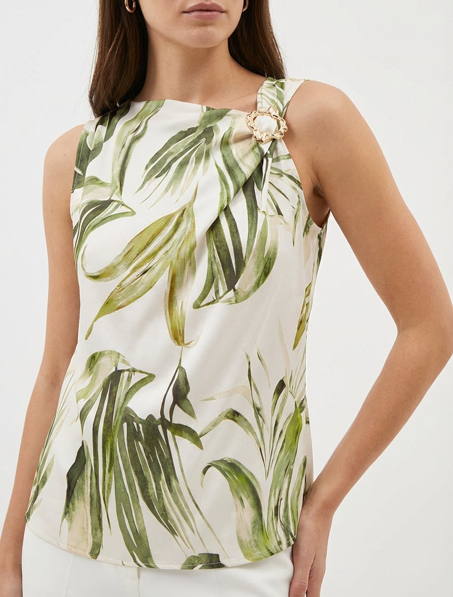 Top satiné imprimé feuilles et bretelle à bijou - Kaki