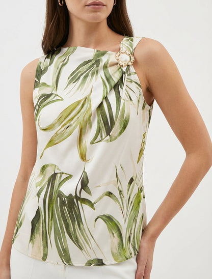 Top satiné imprimé feuilles et bretelle à bijou - Kaki
