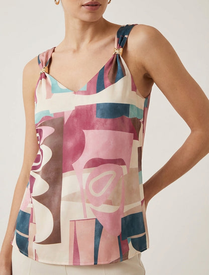 Top droit imprimé graphique à bretelles bijoux - Rose