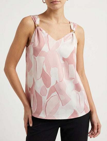 Top satiné imprimé abstrait à bijou - Rose