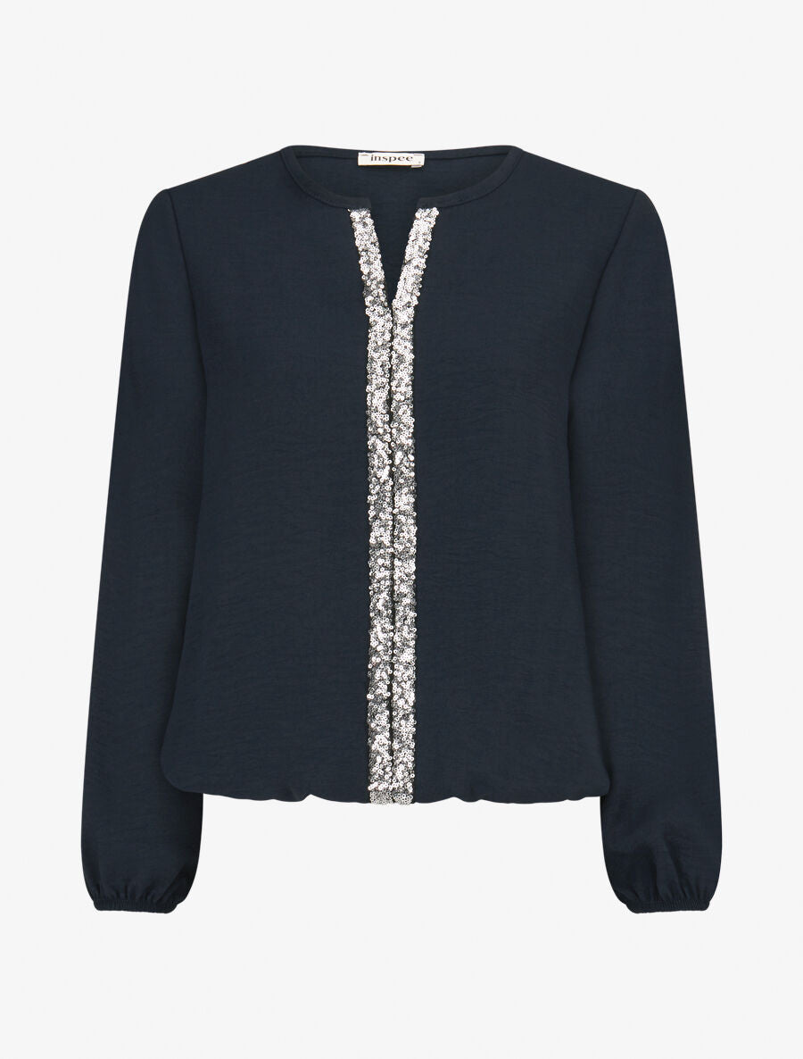 Blouse fluide à bande en sequins - Marine - 1