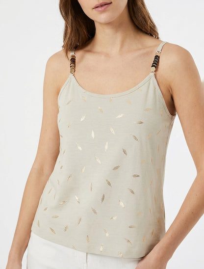 Débardeur à bretelles bijoux et imprimé plume - Beige