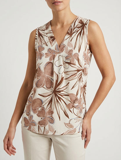 Top droit col V imprimé hibiscus - Marron