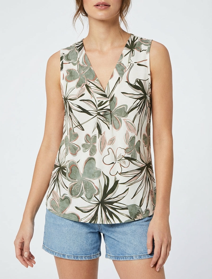 Top droit sans manches imprimé hibiscus - Kaki