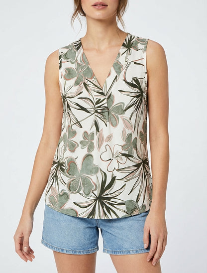 Top droit sans manches imprimé hibiscus - Kaki