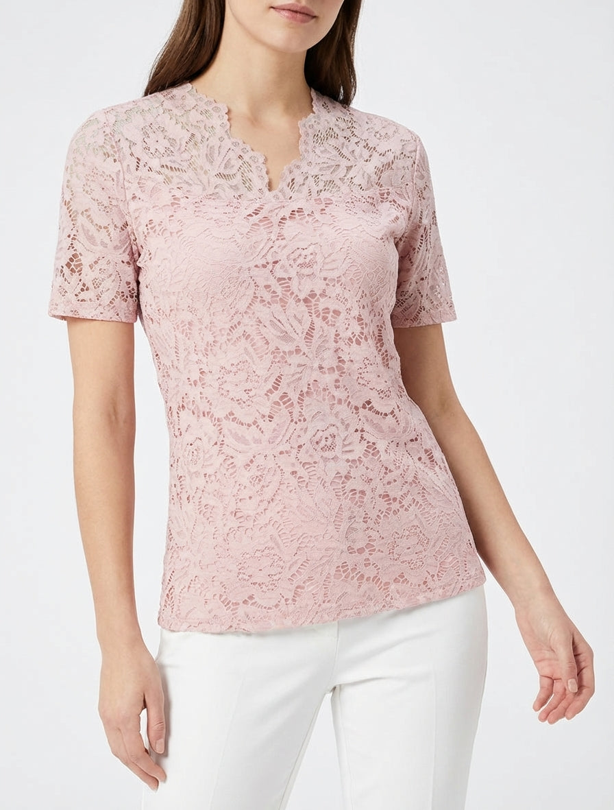 Top en dentelle à manches courtes - Rose