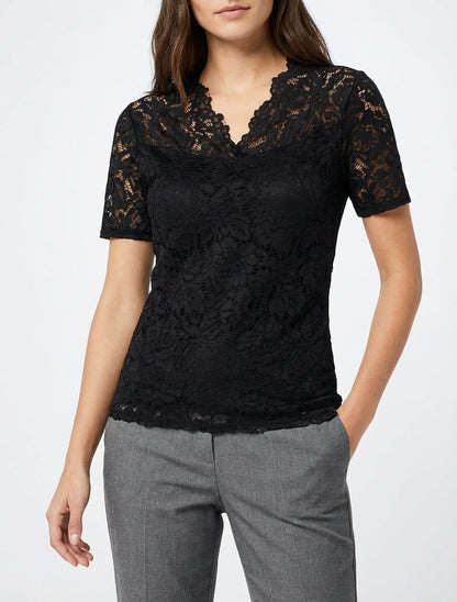 Top en dentelle à manches courtes - Noir