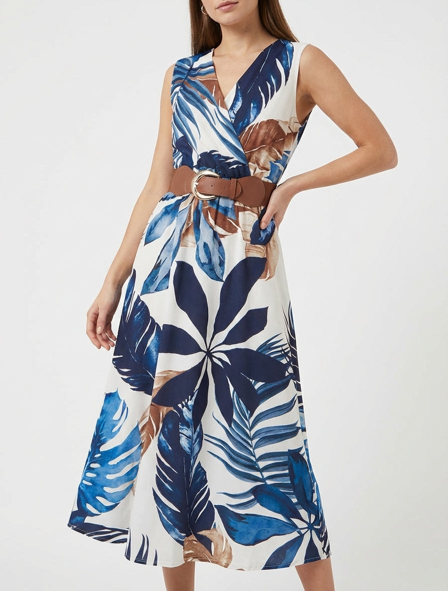 Robe sans manches imprimé feuillage - Marine