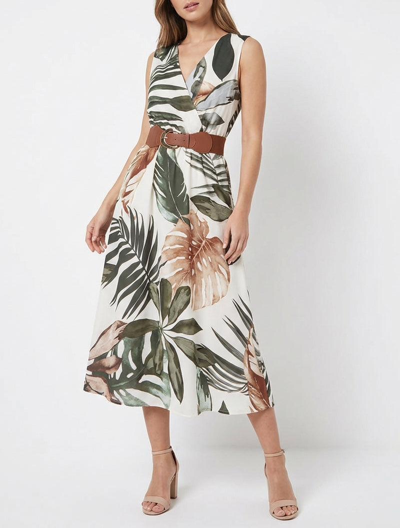 Robe sans manches imprimé feuillage - Kaki