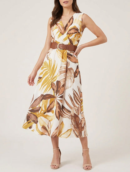 Robe sans manches imprimé feuillage - Jaune moutarde