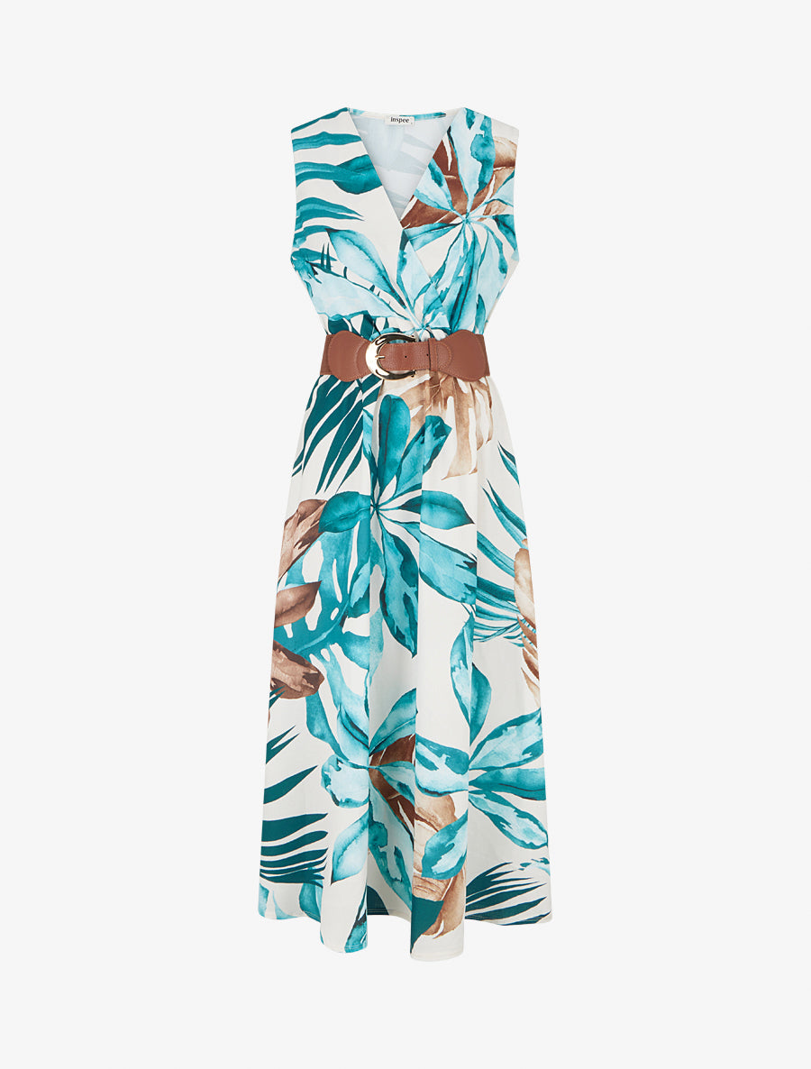 Robe sans manches imprimé feuillage - Bleu canard - 1