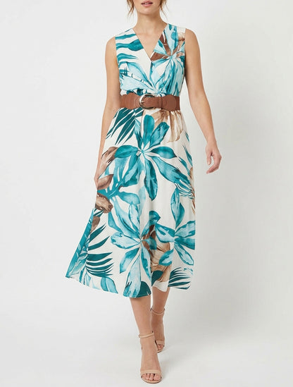 Robe sans manches imprimé feuillage - Bleu canard