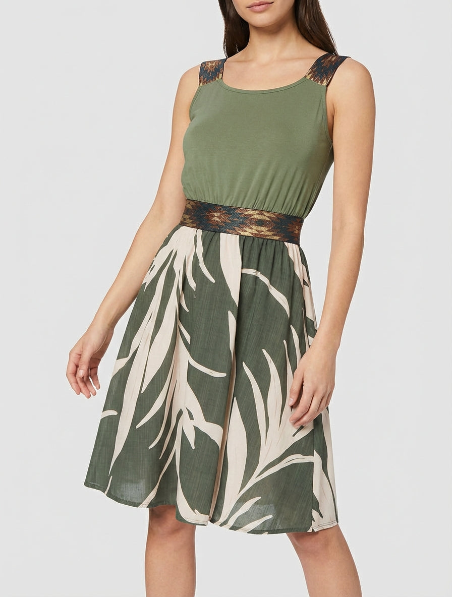 Robe imprimé graphique à taille élastiquée fantaisie - Kaki