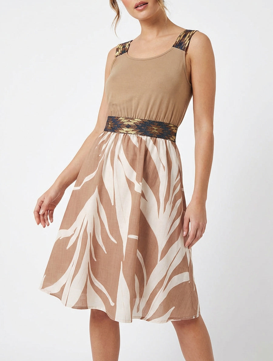 Robe imprimé graphique à taille élastiquée fantaisie - Camel