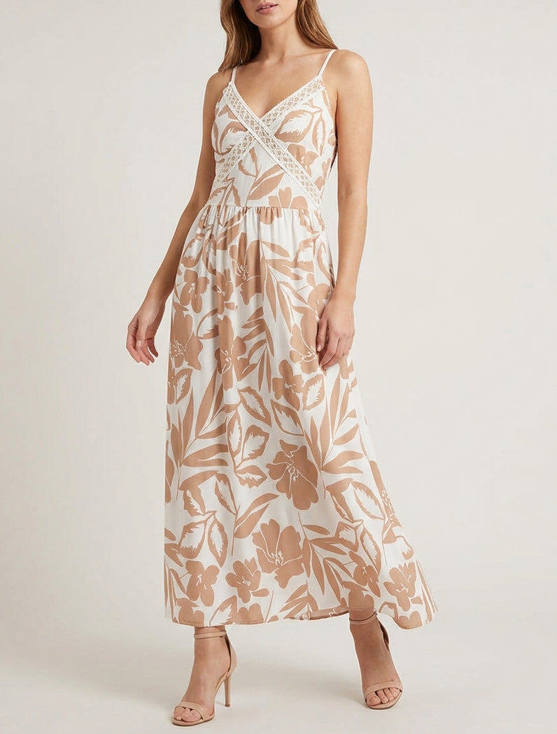 Robe fleurie à empiècement broderie - Camel