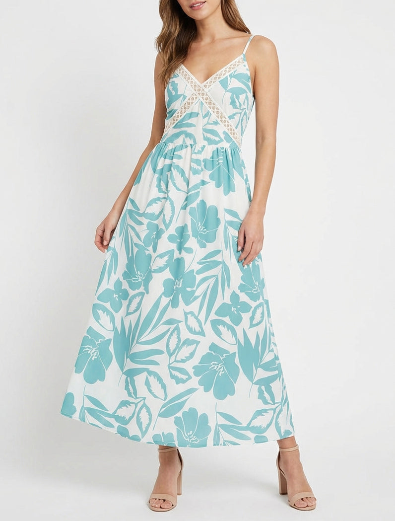 Robe fleurie à empiècement broderie - Turquoise