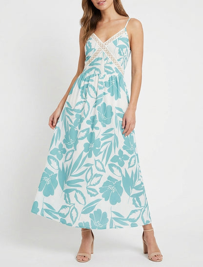 Robe fleurie à empiècement broderie - Turquoise
