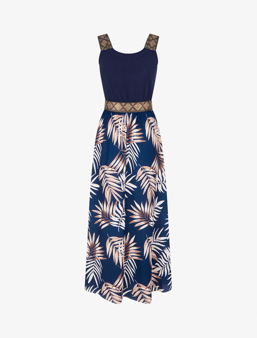 Robe imprimé feuillage à bretelles stylisées - Marine - 2
