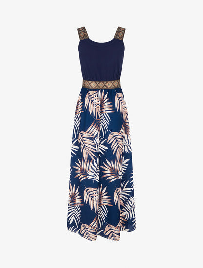 Robe imprimé feuillage à bretelles stylisées - Marine - 2