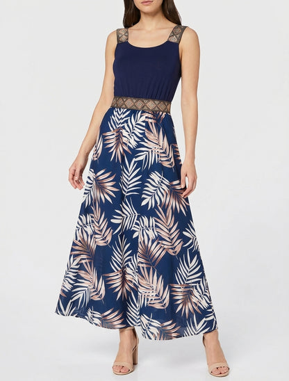 Robe imprimé feuillage à bretelles stylisées - Marine