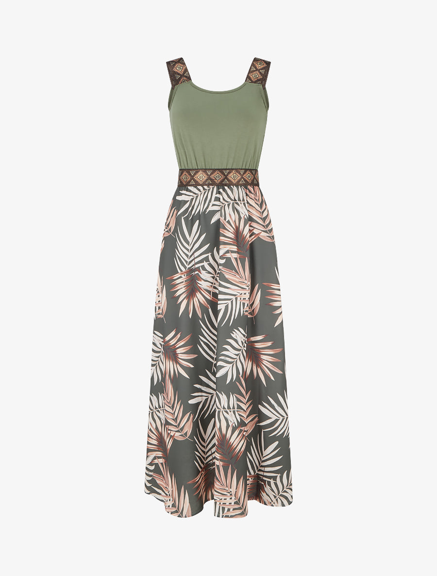 Robe imprimé feuillage à bretelles stylisées - Kaki - 1