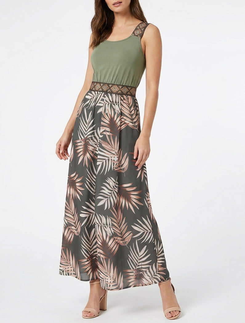 Robe imprimé feuillage à bretelles stylisées - Kaki
