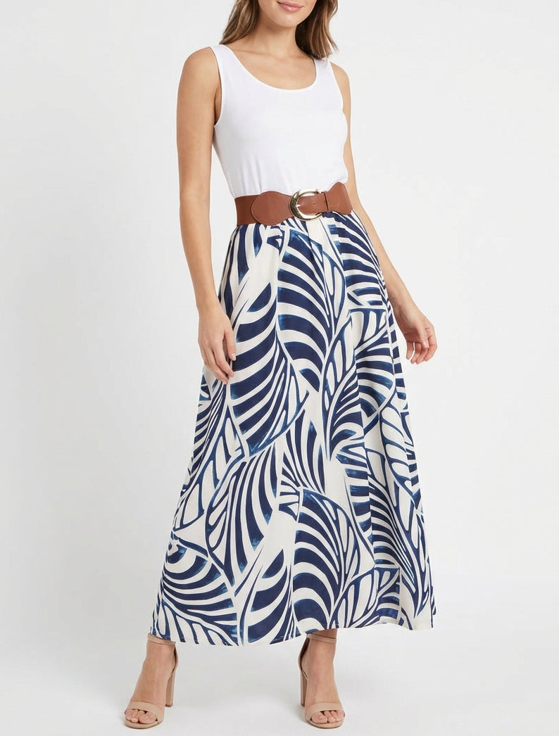 Robe longue évasée imprimé feuilles - Marine