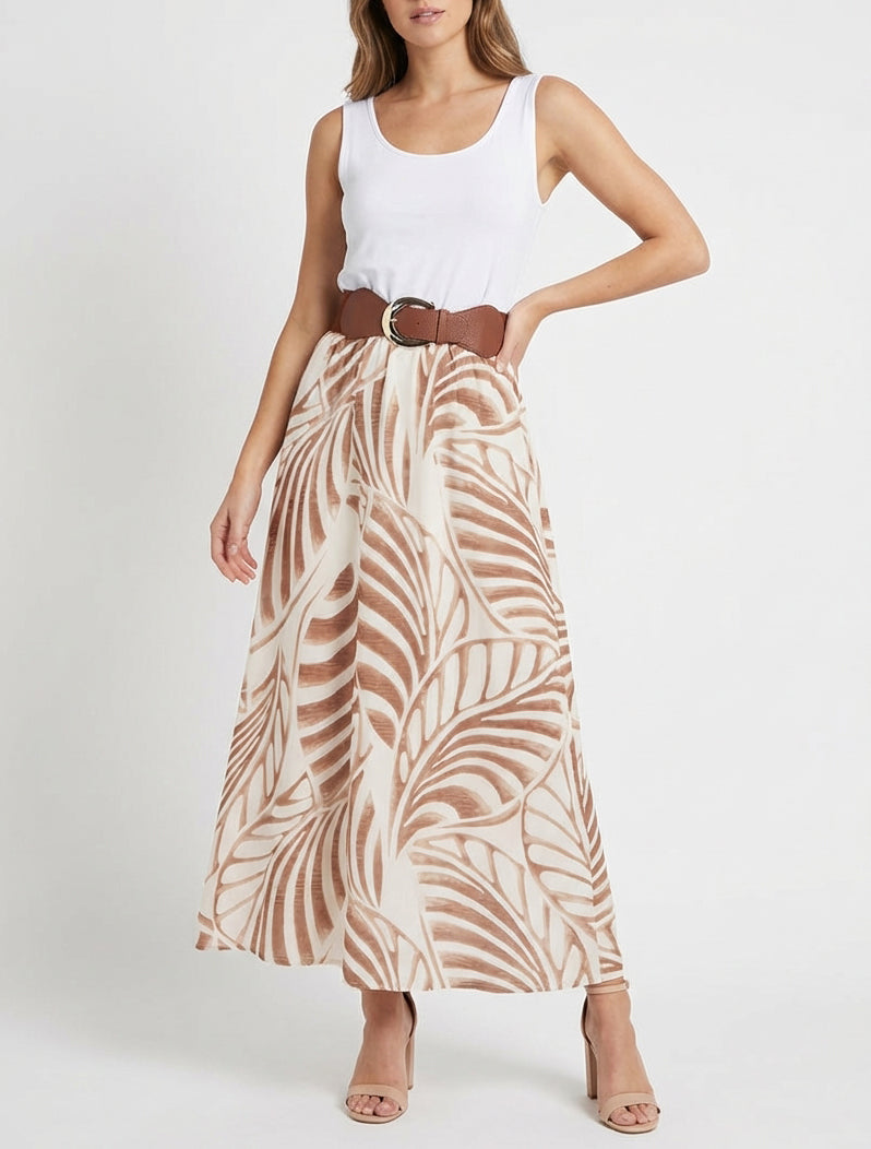 Robe longue évasée ceinturée - Beige foncé