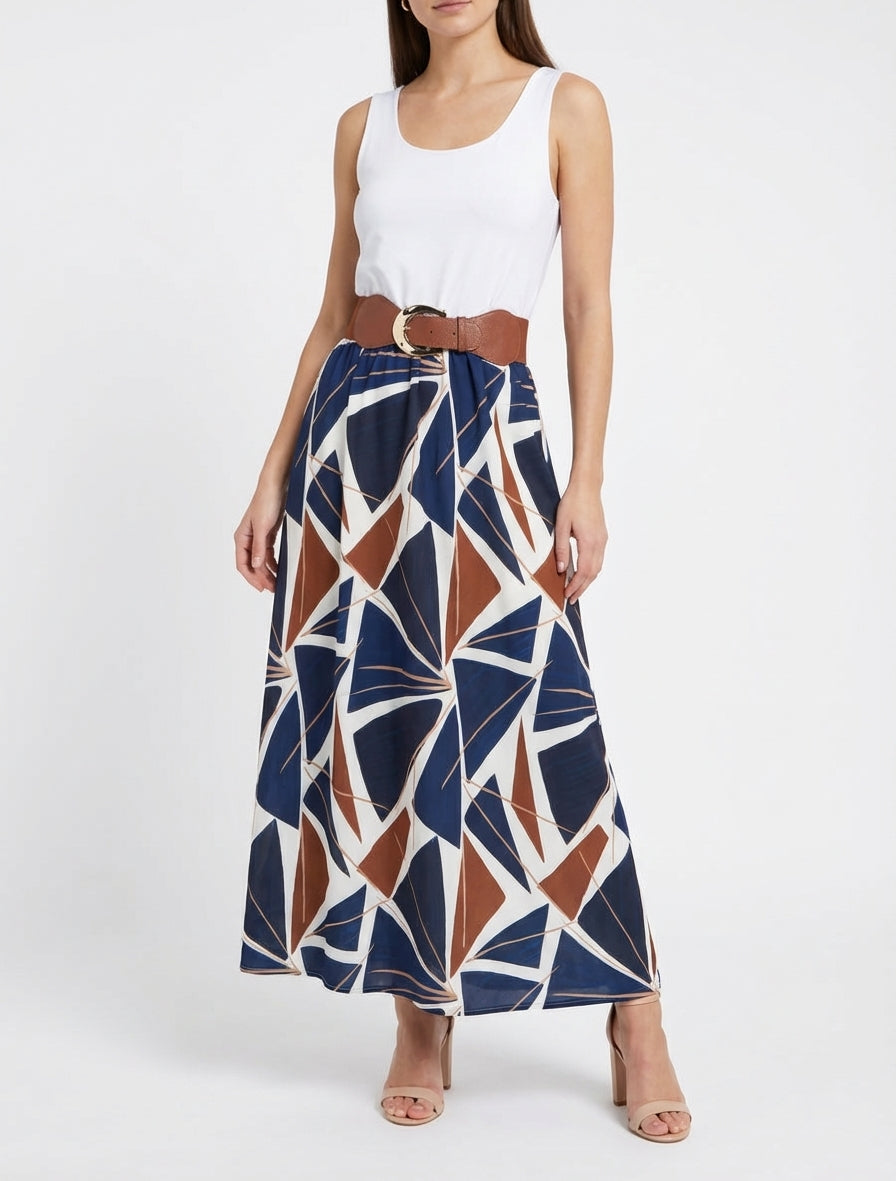 Robe longue sans manches imprimé graphique - Marine