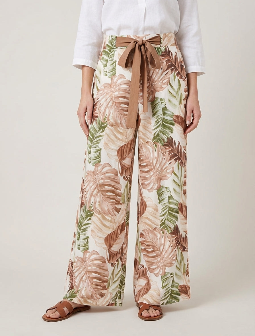 Pantalon ample imprimé tropical - Marron