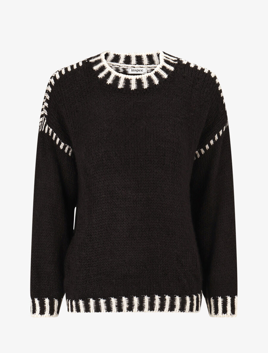 Pull uni en maille à col contrastant - Noir - 1