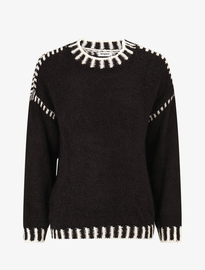 Pull uni en maille à col contrastant - Noir - 1