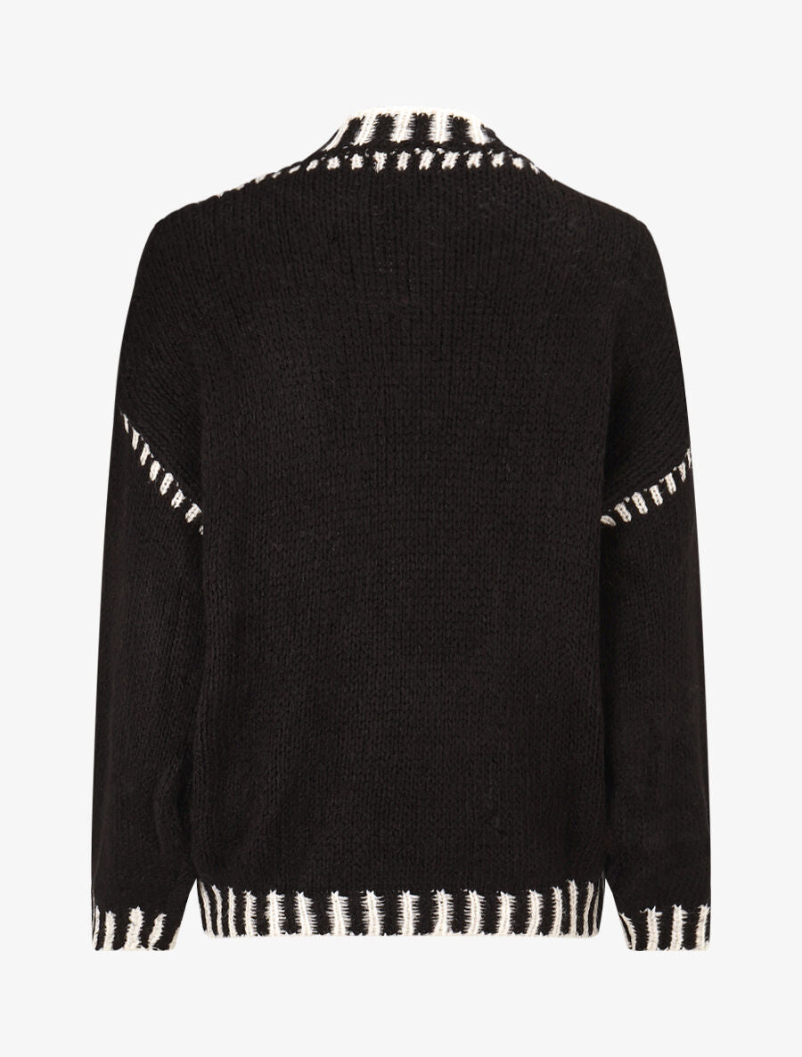 Pull uni en maille à col contrastant - Noir - 2