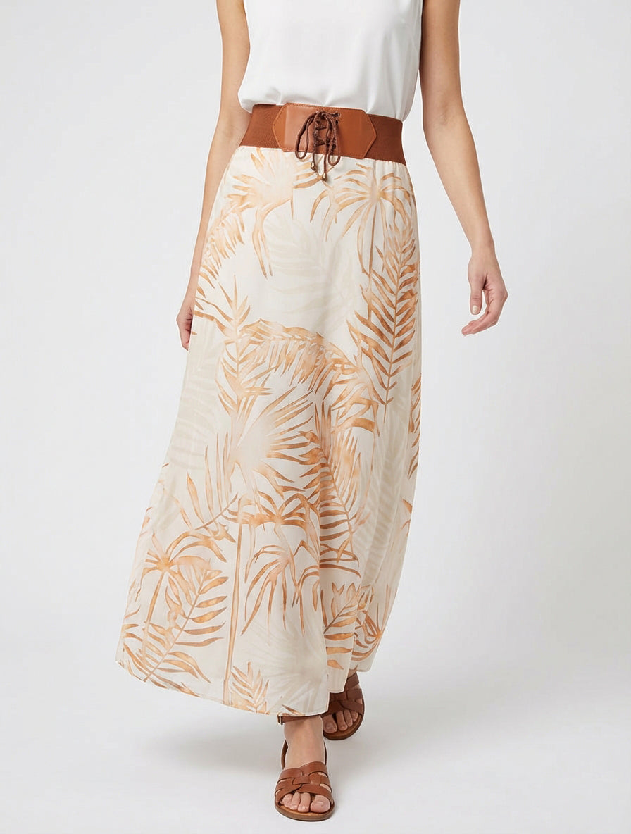 Jupe longue imprimé feuillage - Beige