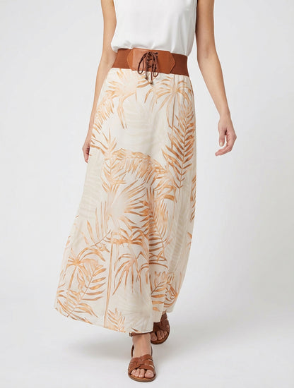 Jupe longue imprimé feuillage - Beige