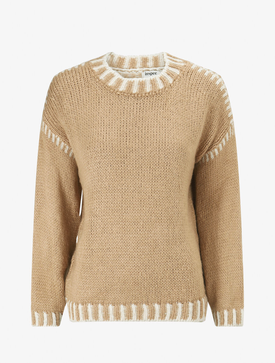 Pull uni en maille à col contrastant - Beige - 1