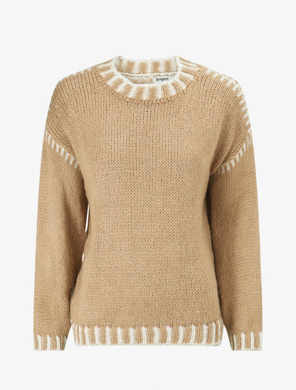 Pull uni en maille à col contrastant - Beige - 1