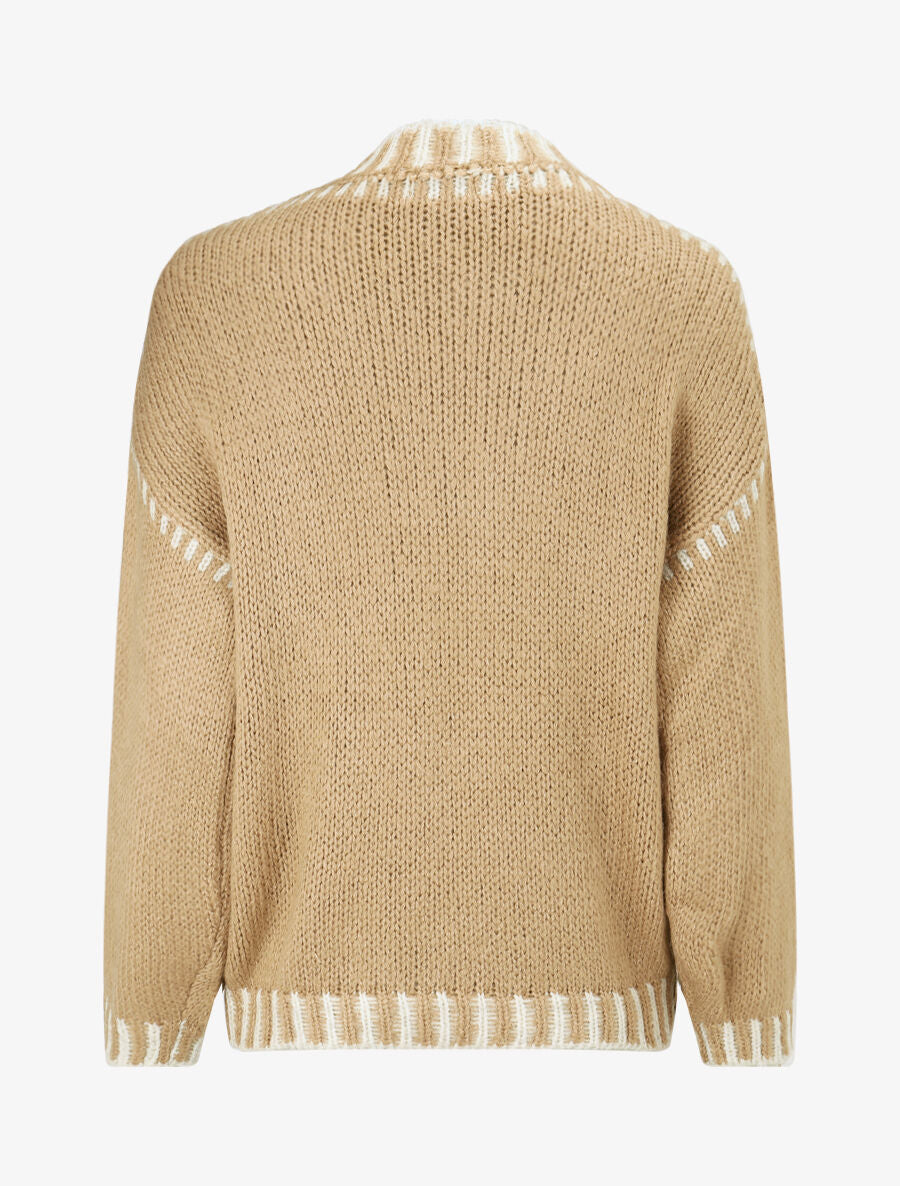 Pull uni en maille à col contrastant - Beige - 2