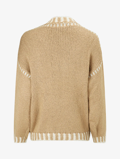 Pull uni en maille à col contrastant - Beige - 2