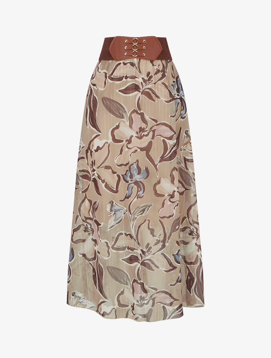 Jupe longue imprimé fleuri à rayures irisées - Beige - 1