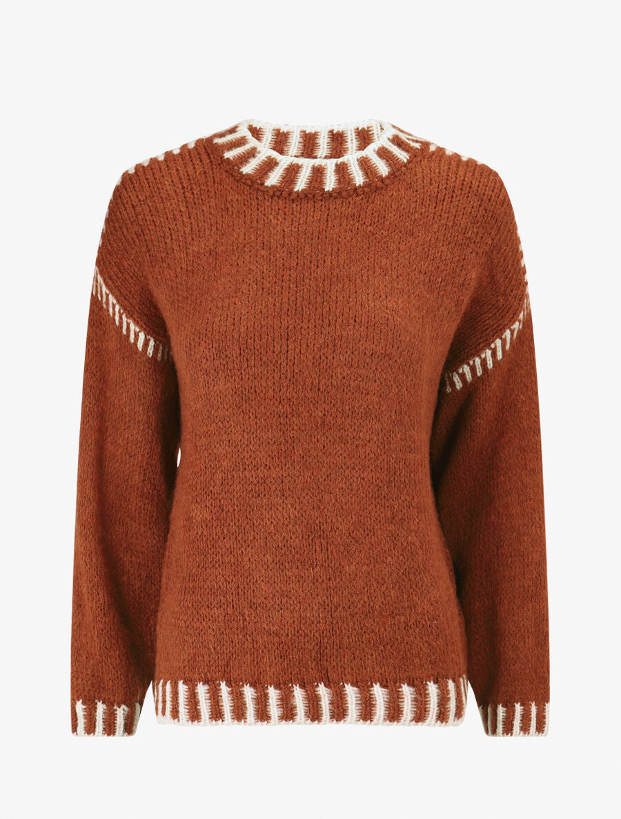 Pull uni en maille à col contrastant - Rouille - 1