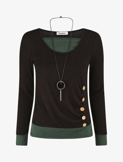 Pull fin effet superposé - Noir/vert sapin - 5